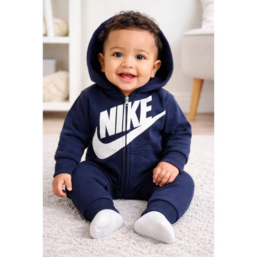 Nike Baby One Piece Jumpsuit Navy Hooded Full Zip Logo Outfit Infant  6 Months